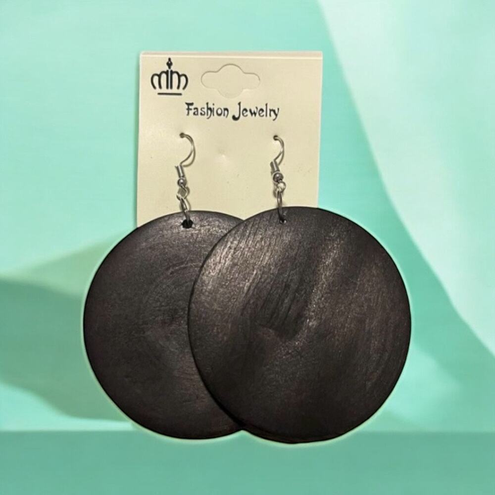 Earrings Black Round Wooden 2.5" Fashion Jewelry